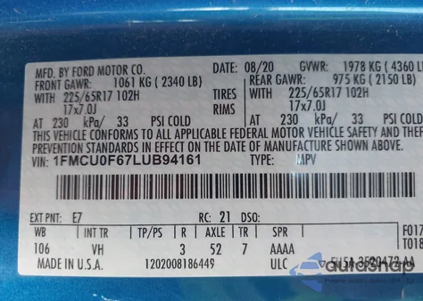 2020 Ford Escape S from USA, damaged, VIN 1FMCU0F67LUB94161